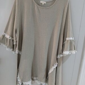Easel Lace Trim Ruffle Sleeve Tunic - Tan Size Large